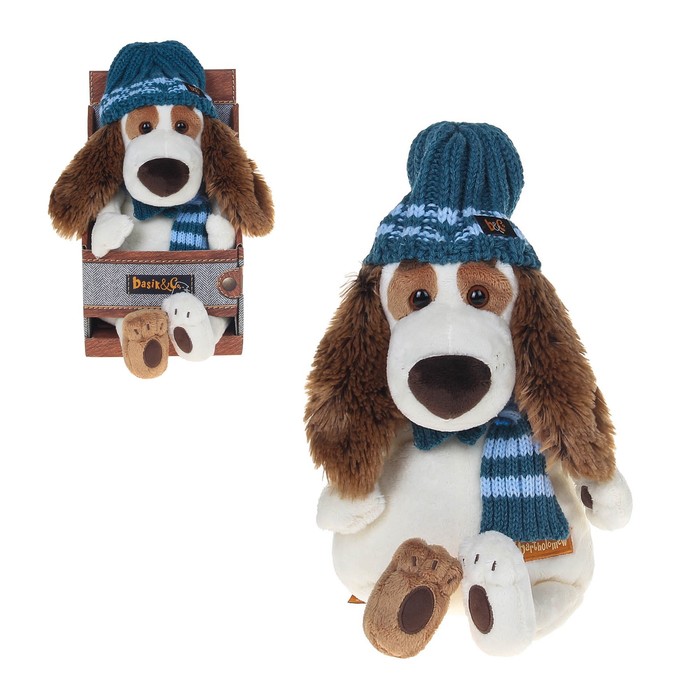 Мягкая игрушка "Бартоломей" в голубой шапке и шарфе, 27 см