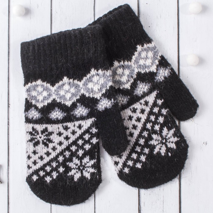 Варежки молодёжные "Снежинки", размер 16 (р-р произв. 8), цвет чёрный (вид 1) 65529