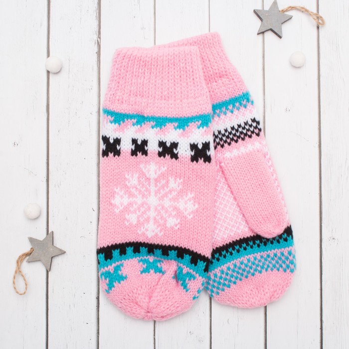 Варежки молодёжные "Снежинки", размер 19 (р-р произв. 9,5), цвет розовый 51156