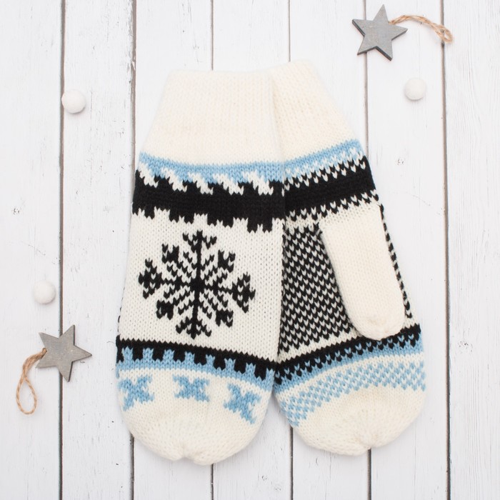 Варежки молодёжные "Снежинки", размер 19 (р-р произв. 9,5), цвет белый 51156