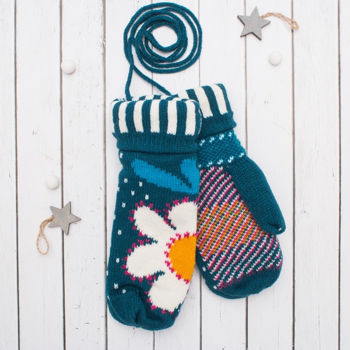 Варежки с подкладом молодёжные "Ромашка", размер 18 (р-р произв. 9), цвет тёмно-бирюзовый 53905