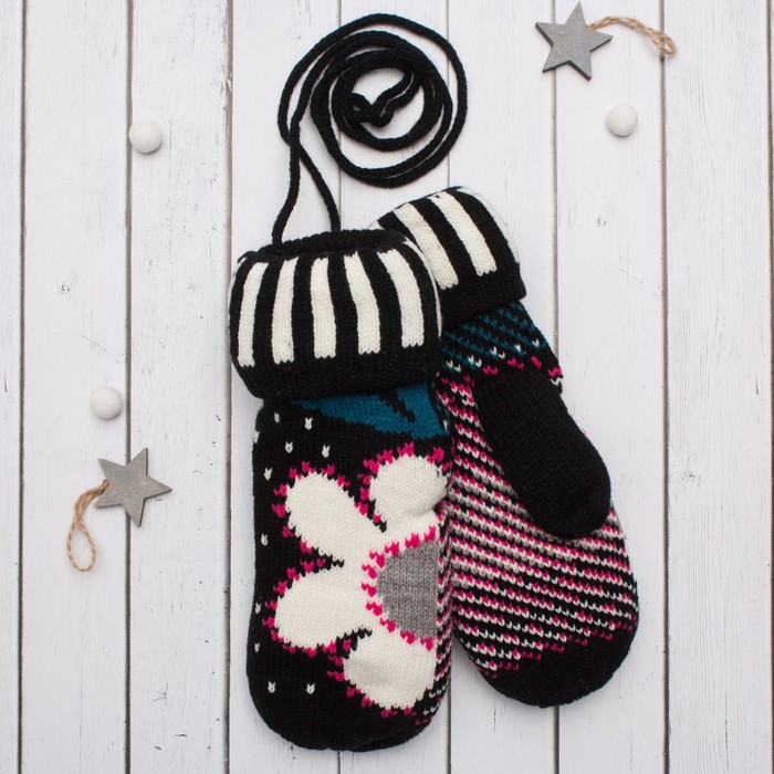 Варежки с подкладом молодёжные "Ромашка", размер 18 (р-р произв. 9), цвет чёрный 53905