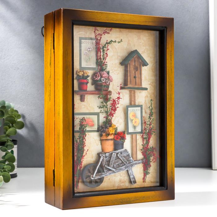 Ключница дерево 6 крючков "Тачка с цветами" МИКС 29х19,5х7 см