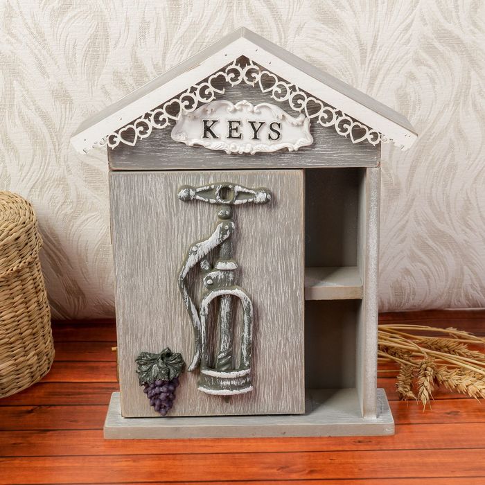 Ключница дерево 4 крючка и полочка "Штопор для вина" 26,5х19х6,5 см