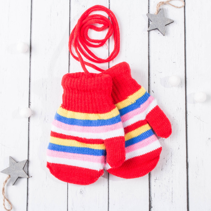 Варежки с подкладом на верёвочке "Полосатик", размер 16 (р-р произв. 8), цвет красный