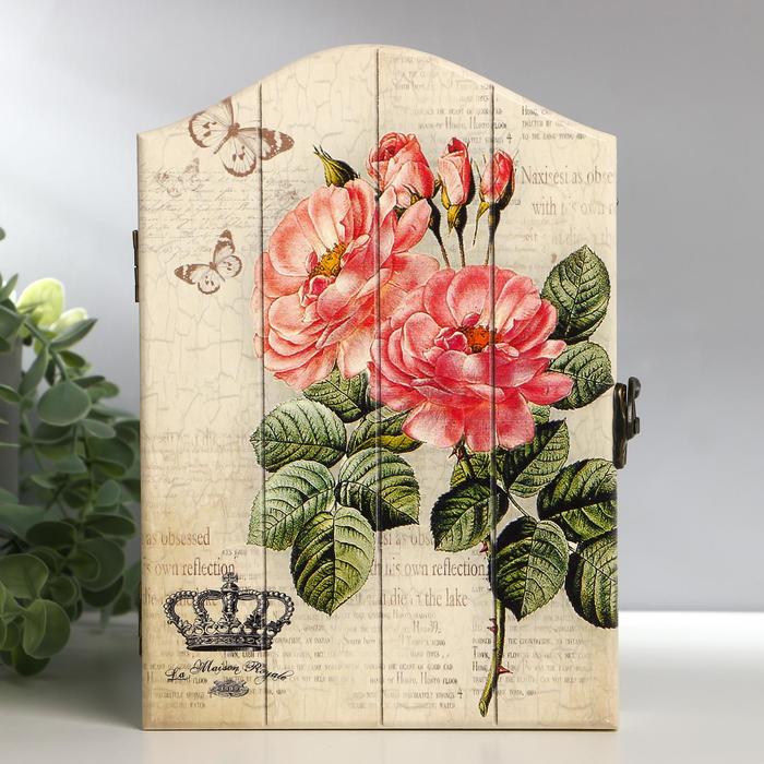 Ключница дерево 4 крючка "Розовые пионы. Корона" 22,5х15,5х5 см