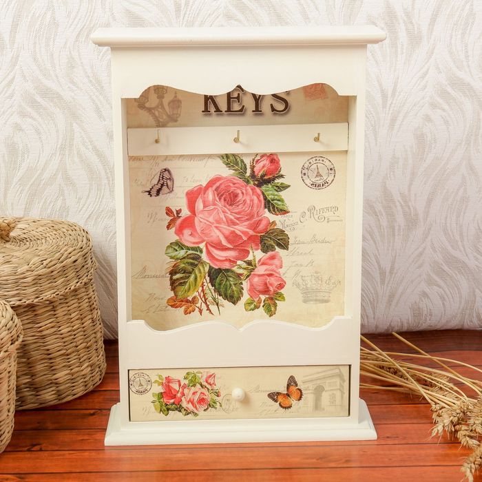 Ключница дерево 3 крючка с ящиком "Королевский пион" 30х19,5х6,5 см