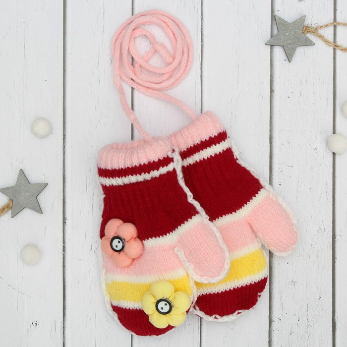 Варежки детские "Цветочки", размер 16 (р-р произв. 8), цвет розовый/бордо 65473