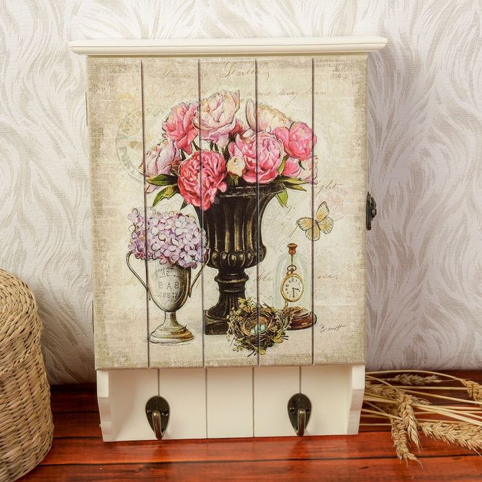 Ключница дерево 6 крючков "Праздничные букеты" 31х22х6,5 см