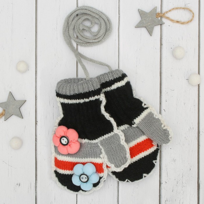 Варежки детские "Цветочки", размер 16 (р-р произв. 8), цвет серый/чёрный 65473