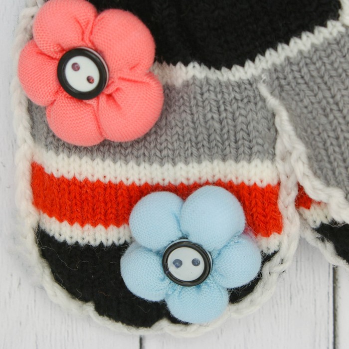 Варежки детские "Цветочки", размер 16 (р-р произв. 8), цвет серый/чёрный 65473