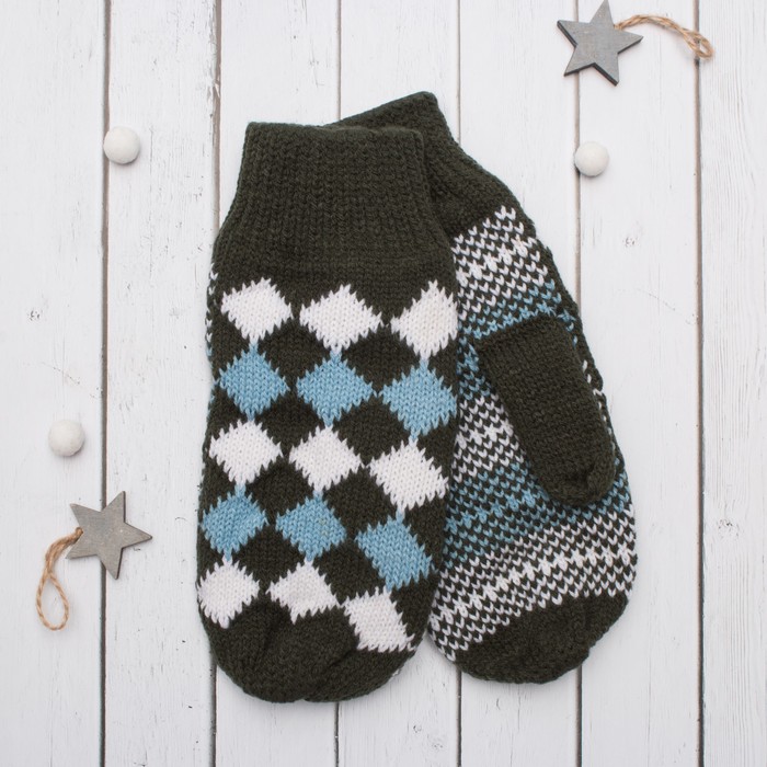 Варежки с подкладом молодёжные "Шахматка", размер 18 (р-р произв. 9), цвет хаки 59002