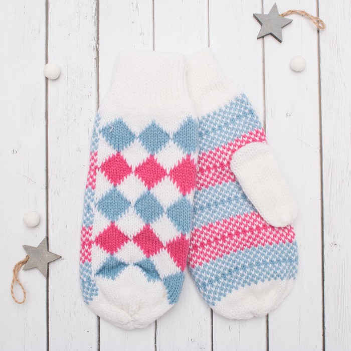 Варежки с подкладом молодёжные "Шахматка", размер 18 (р-р произв. 9), цвет белый 59002