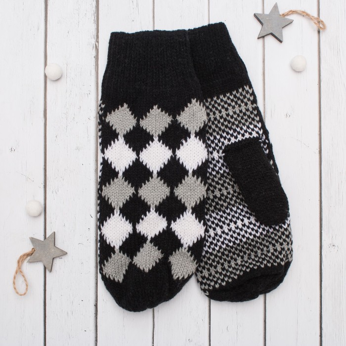 Варежки с подкладом молодёжные "Шахматка", размер 18 (р-р произв. 9), цвет чёрный 59002