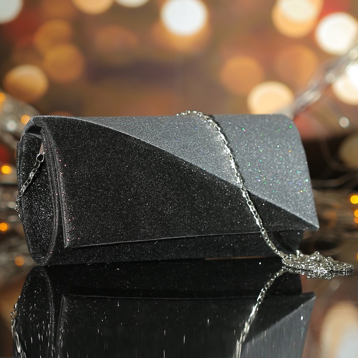 Клатч женский, отдел на магните, длинная цепь, цвет чёрный/серый