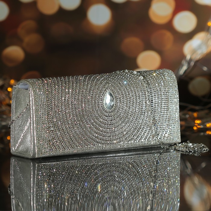 Клатч женский, отдел на магните, длинная цепь, цвет серый