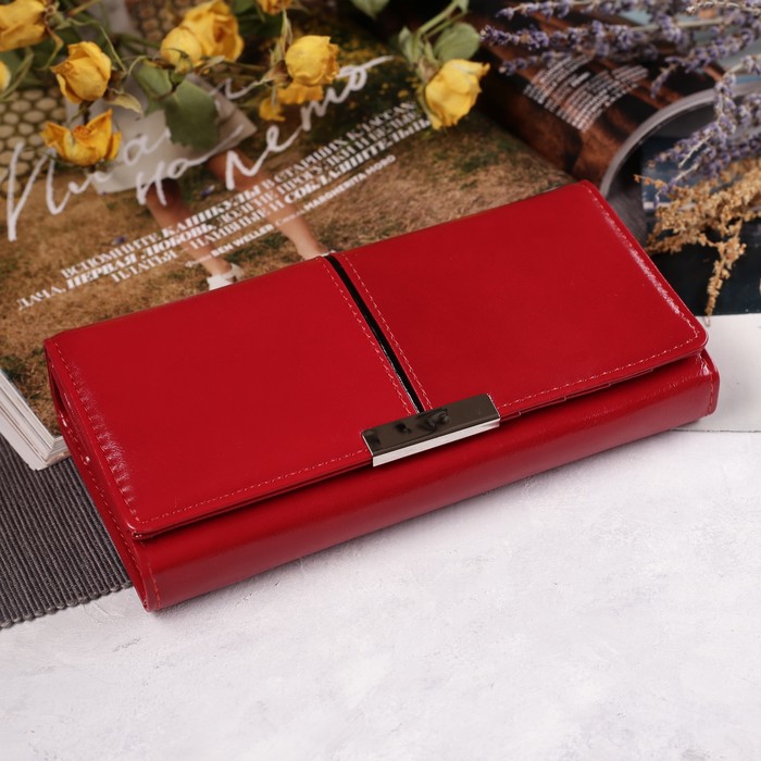 Кошелёк женский на клапане, 4 отдела, для карт, 2 отдела на рамке, наружный карман, цвет красный/чёрный