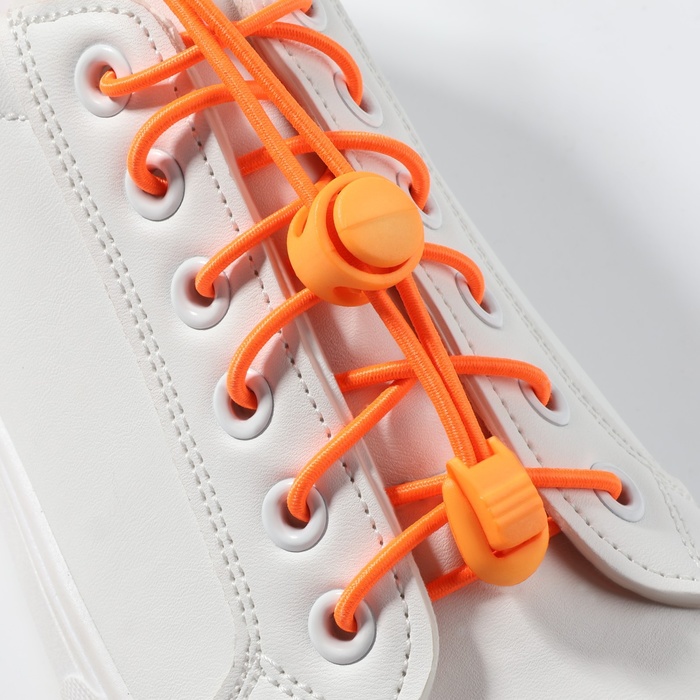 Шнурки для обуви, пара, круглые, с фиксатором, эластичные, d = 3 мм, 100 см, цвет оранжевый неоновый