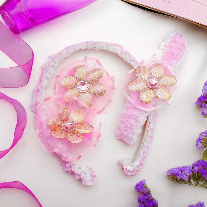 Набор для волос "Фиона" (1 ободок, 1 повязка, 2 резинки) цветок с золотинками