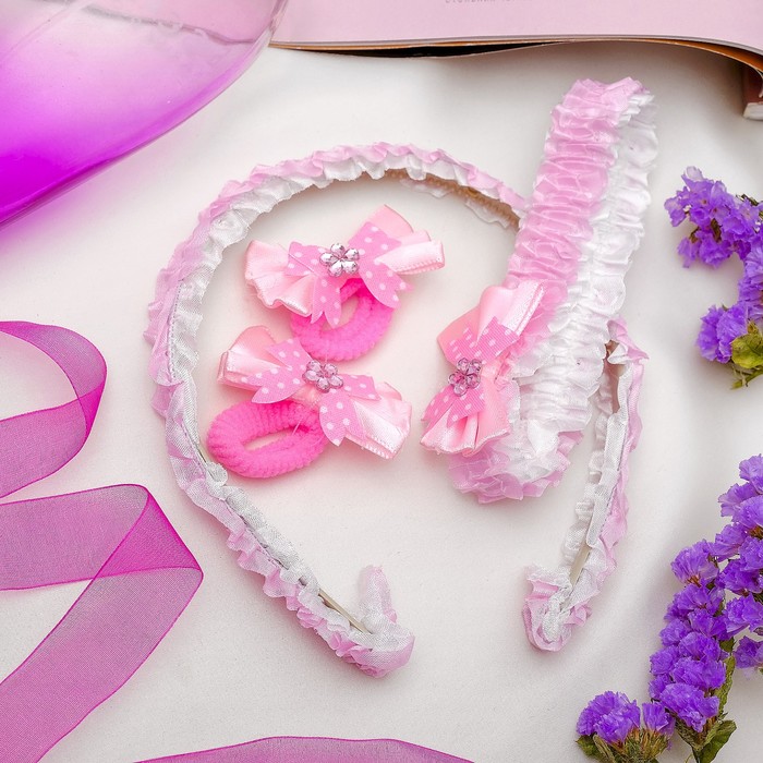Набор для волос "Фиона" (1 ободок, 1 повязка, 2 резинки) бантики, розовый