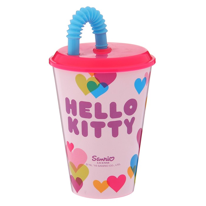 Стакан 430 мл "Hello Kitty. Сердечки", с соломинкой и крышкой
