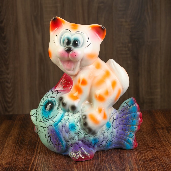 Копилка "Кот на рыбе", кракелюр