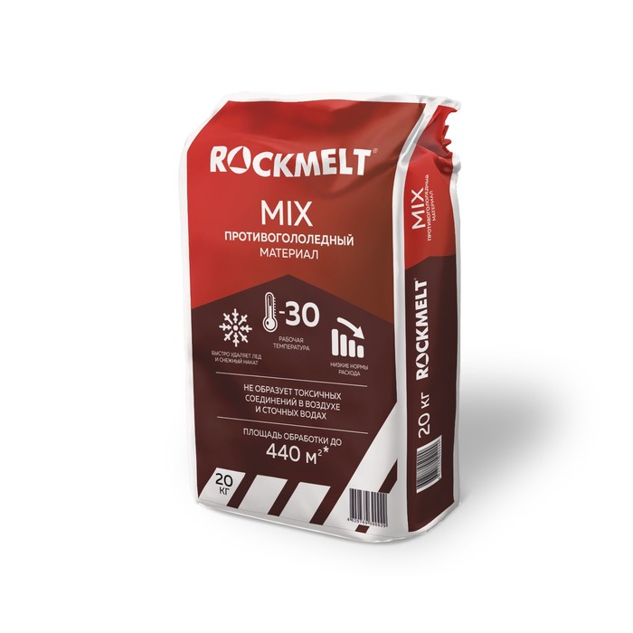 Реагент антигололёдный Rockmelt MIX, 20 кг, универсальный, многокомпонентный, работает до -30 °С, в пакете