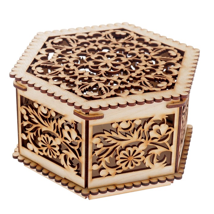 Шкатулка из фанеры для декора "Резная шестигранная" 17х9х17 см