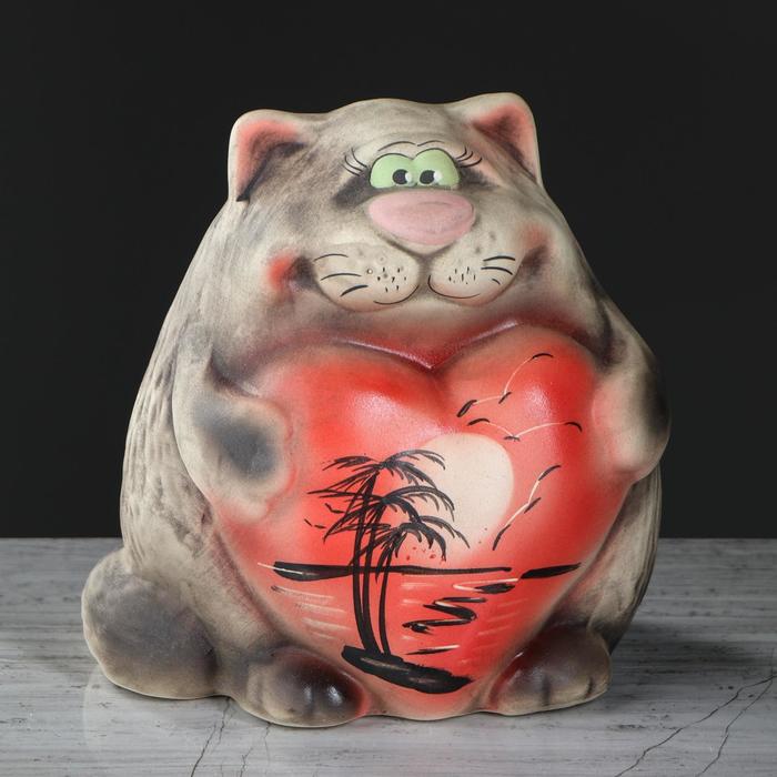 Копилка "Кот с сердцем" пейзаж, шамот, серый