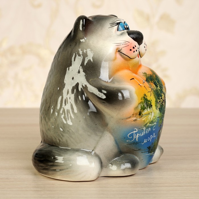 Копилка "Кот с сердцем" пейзаж, глазурь, серый