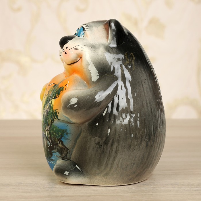 Копилка "Кот с сердцем" пейзаж, глазурь, серый