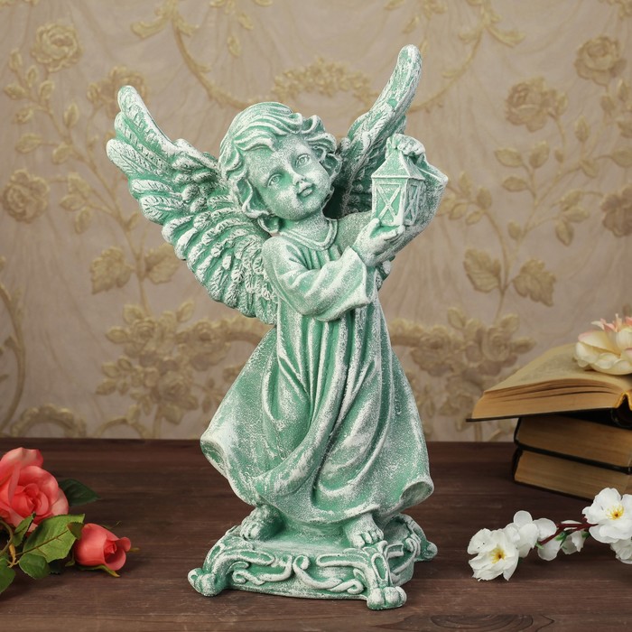 Статуэтка "Ангел с фонарем" под камень, цвет зелёный