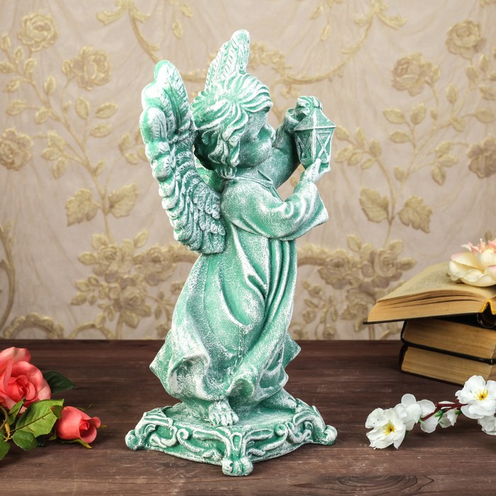 Статуэтка "Ангел с фонарем" под камень, цвет зелёный
