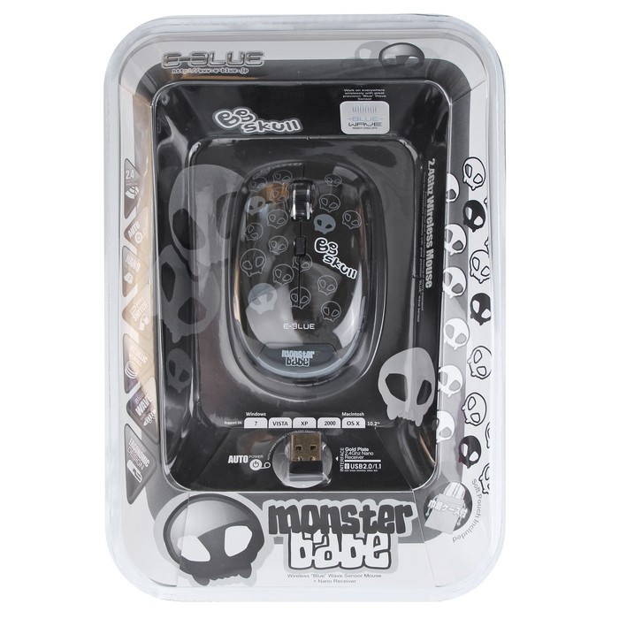 Мышь E-Blue Monster Babe Беспроводная, черная, Blue Wave сенсор, 800/1480 DPI, 6кн, USB