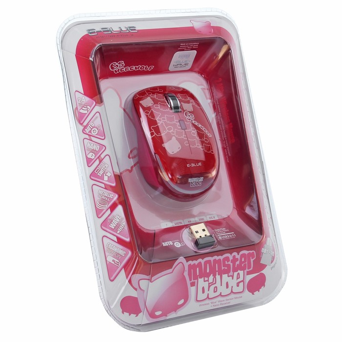 Мышь E-Blue Monster Babe Беспроводная, красная, Blue Wave сенсор, 800/1480 DPI, 6кн, USB