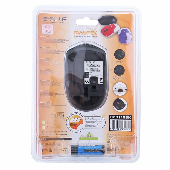 Мышь E-Blue MAYFEK Беспроводная, черная, Red сенсор, 1800 DPI, USB (EMS119BK)