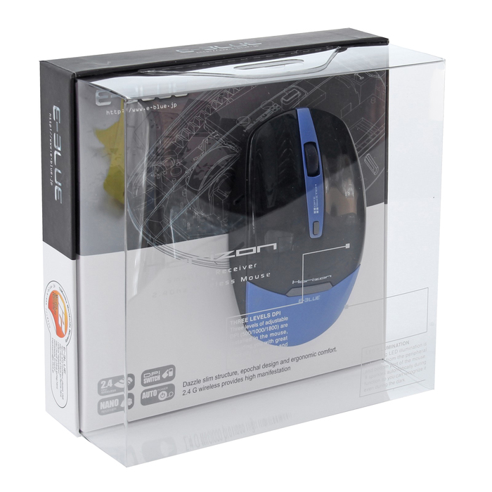 Мышь E-Blue Horizon Беспроводная, ультратонкая, голубая, 500/1000/1800 DPI, 2*AAA, USB, 6кн