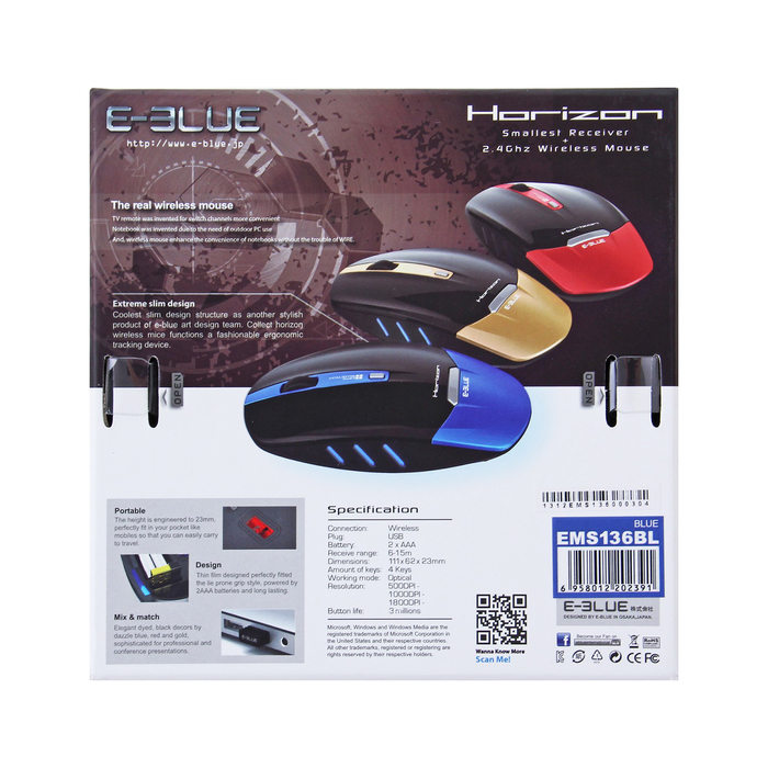 Мышь E-Blue Horizon Беспроводная, ультратонкая, голубая, 500/1000/1800 DPI, 2*AAA, USB, 6кн