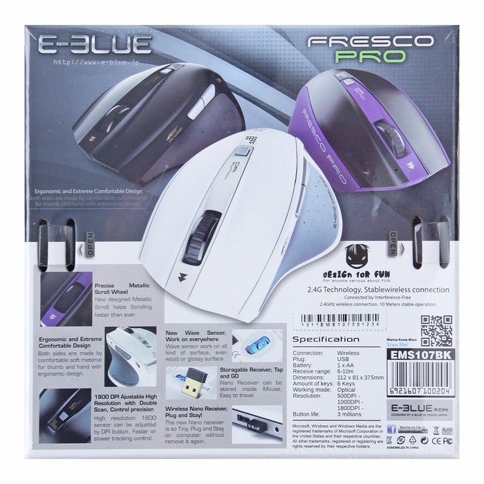 Мышь E-Blue Fresco Pro Беспроводная, черная, Blue Wave сенсор, 500/1000/1800 DPI, 6кн, USB