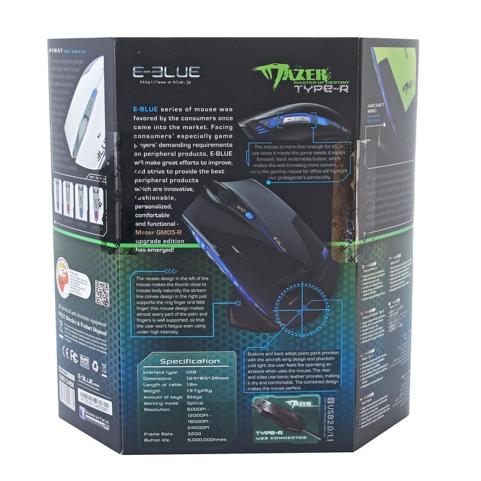 Мышь E-Blue Mazer Type-R Проводная, черная, игровая, 600/1200/1800/2400 DPI, 6кн, USB