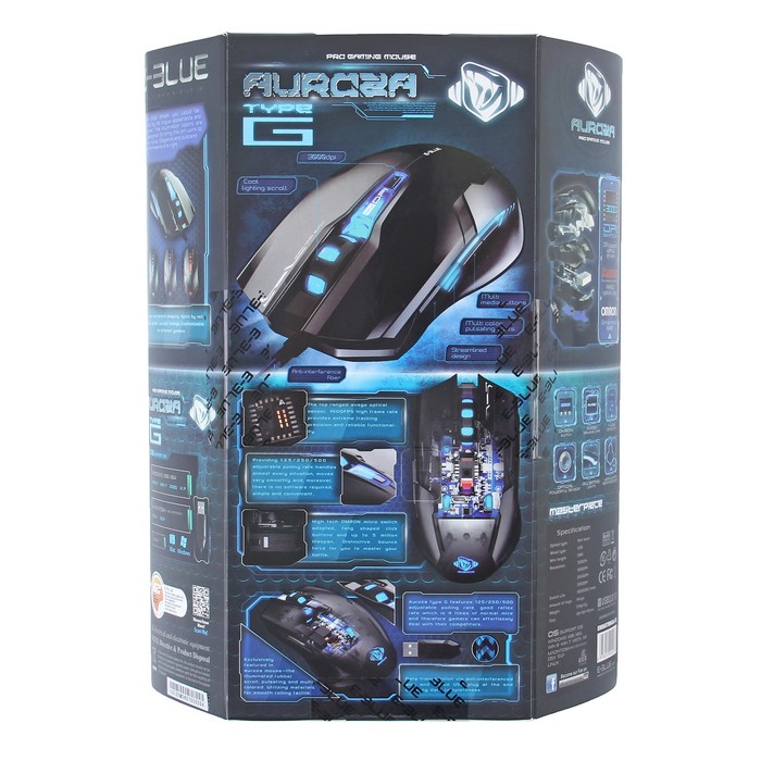 Мышь E-Blue Auroza Type-G Проводная, черная, игровая, 500/1000/2000/3000 DPI, USB, 6кн