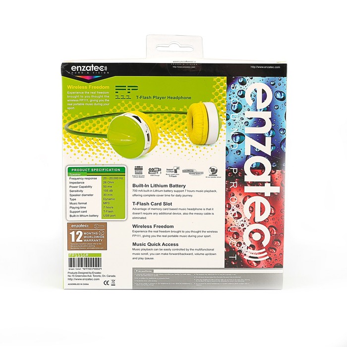 Наушники-плеер Enzatec FP111GR зелёный, micro-SD (FP111GR)