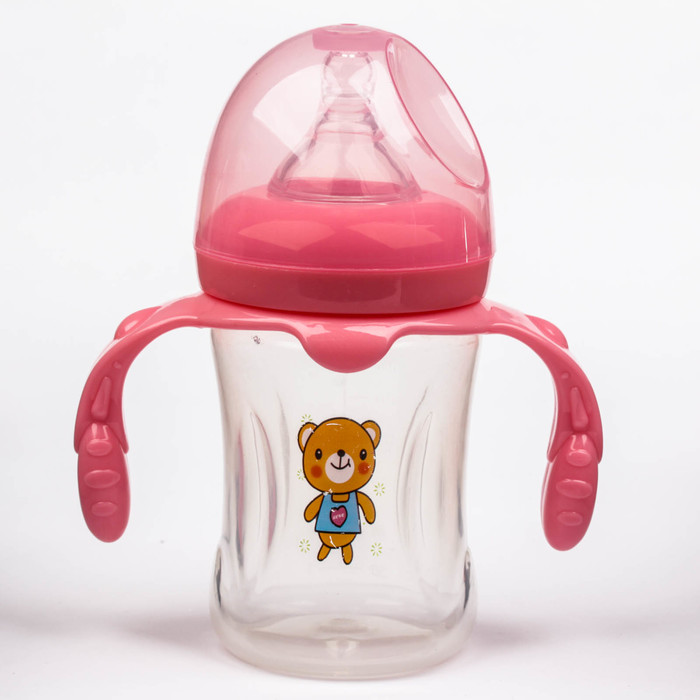 Бутылочка для кормления с ручками, 210 мл, от 0 мес., цвет розовый, рисунок МИКС