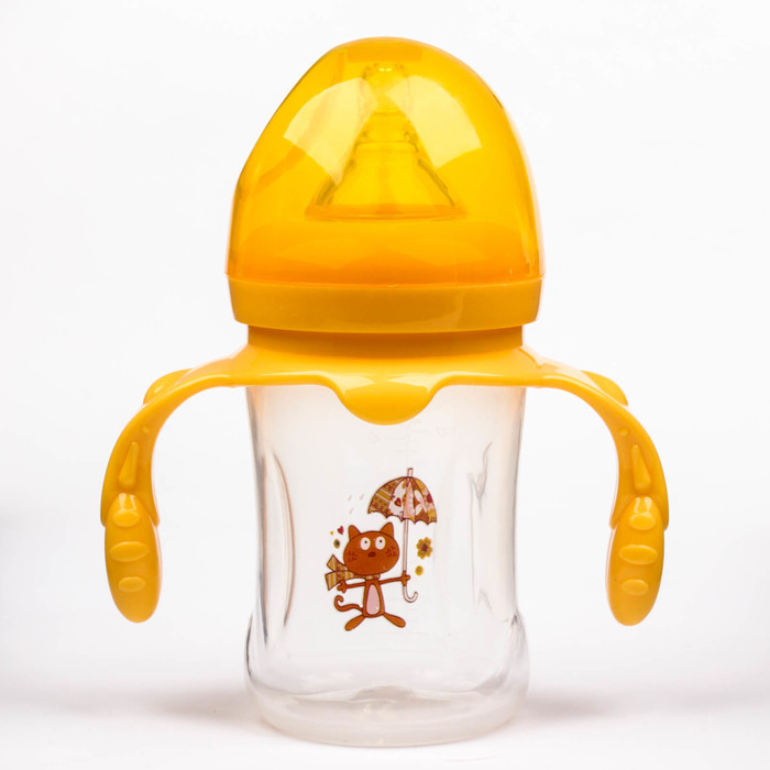Бутылочка для кормления с ручками, 210 мл, от 0 мес., цвет жёлтый, рисунок МИКС