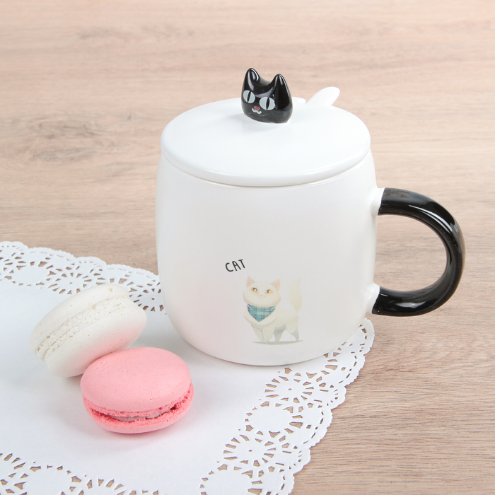 Кружка 400 мл "Кошечки", с керамической крышкой и ложкой, рисунок МИКС