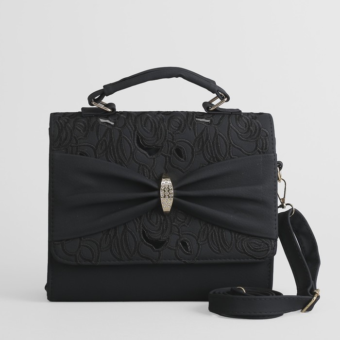 Сумка женская, 2 отдела с перегородкой на молнии, длинный ремень, ручка, цвет чёрный