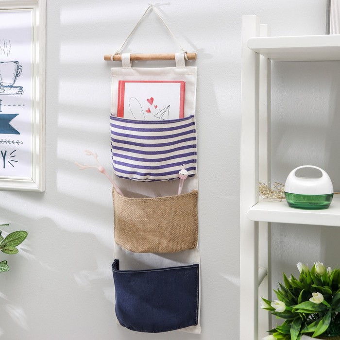 Органайзер с карманами подвесной, 3 отделения 20х60 см, цвета МИКС