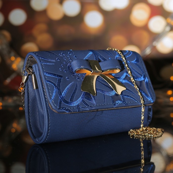 Сумка женская, 1 отдел с перегородкой на магните, длинная цепь, цвет синий