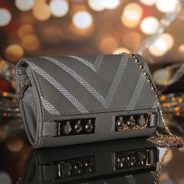 Сумка женская, 1 отдел с перегородкой на магните, длинная цепь, цвет серый