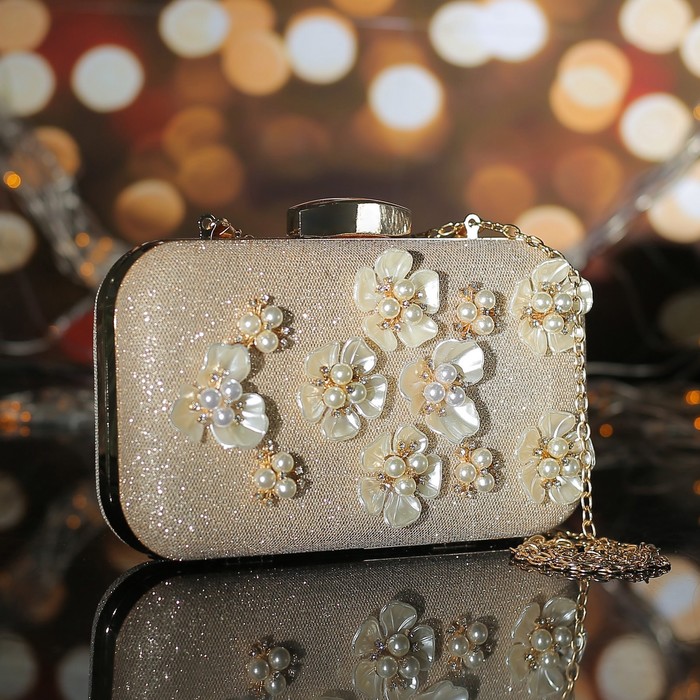 Клатч женский на фермуаре, 1 отдел, длинная цепь, цвет шампань